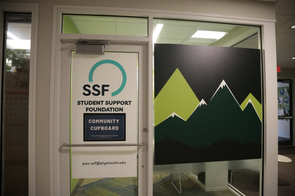 An interior door with a sign: SSF, Student Support Foundation, Community Cupboard. 