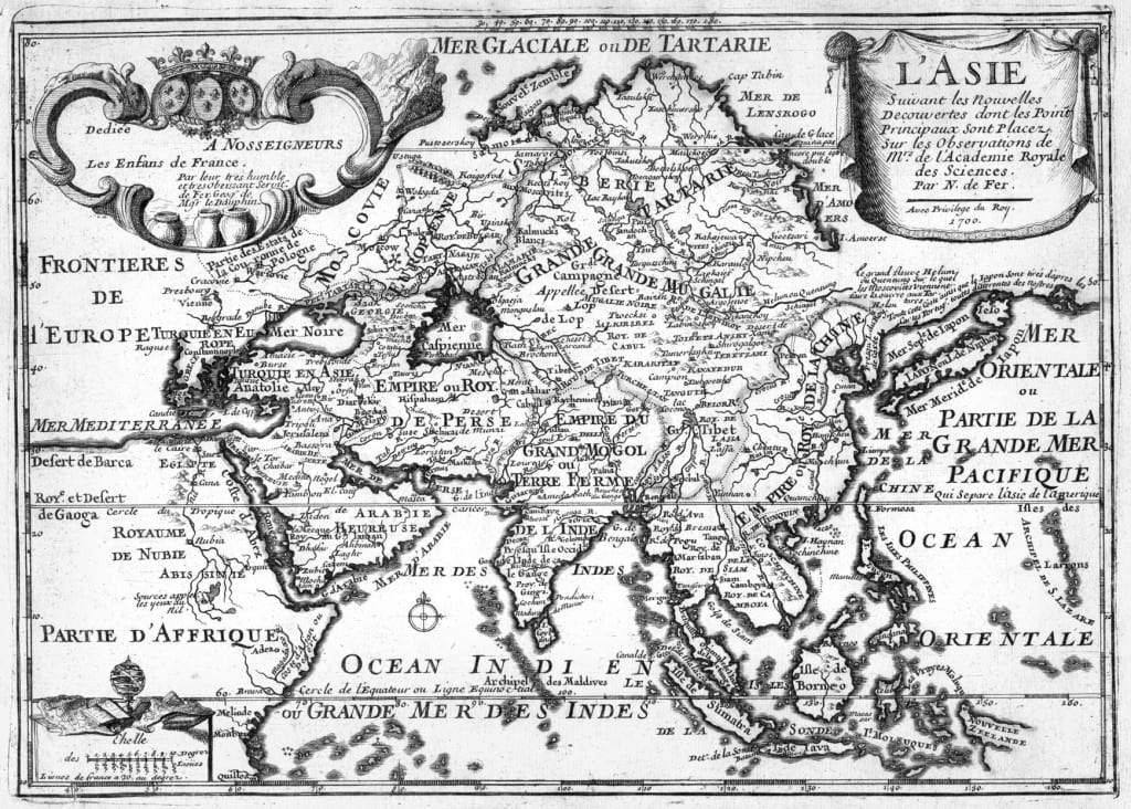 Asia 1700. Nicolas de Fer. L'Asie: Suivant Les Nouvelles Decouvertes Dont Les Point Principaux Sont Placez Sur Les Observations de Mrs. de L'Academie Royale des Sciences. Paris: Danet, 170. Courtesy of Amherst College Archives and Special Collections.