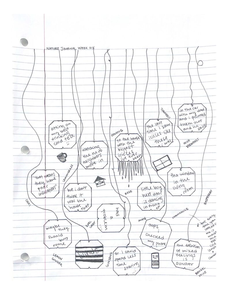 Drawing of tea bags with text in them: "sitting on my bed and drinking cold tea," "watching the new neighbors move in," "to the house with the biggest icicles i've ever seen" (decorated with icicles), "the last time i saw icicles like these i was," "in the car with my dad and i pointed them out and he said," "that means they have poor insulation," "but i don't think it was the house that," "had a problem...", "little boy next door is dancing in front of," "the window in the living room," oops i checked my phone," "maybe they should buy some," "blinds [drawn with dark lines like blinds across it]," "or i could spend less time staring," "the definition of mixed feelings is SUNDAY"