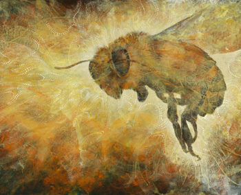 A painting of a bee against a golden, glowing background