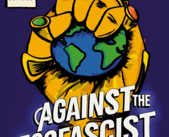 Behind the title text, Against the Ecofascist Creep, a gold hand rises up and grips the Earth in a fist.