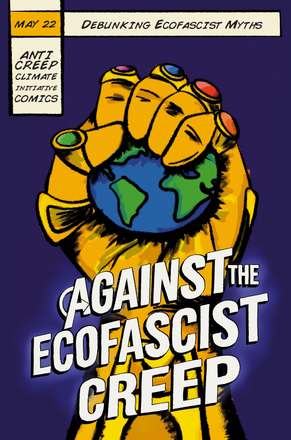 Behind the title text, Against the Ecofascist Creep, a gold hand rises up and grips the Earth in a fist. 
