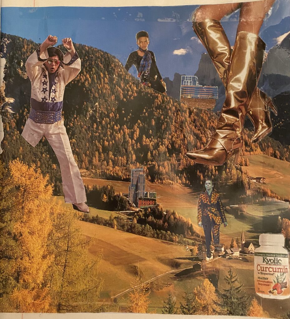 Collage: the background is a forested hill with fields in front of and to the right of it, all in autumn yellow colors. Various oversized figures appear in this landscape, including an Elvis impersonator, a woman's legs with high-heeled shiny gold boots. 