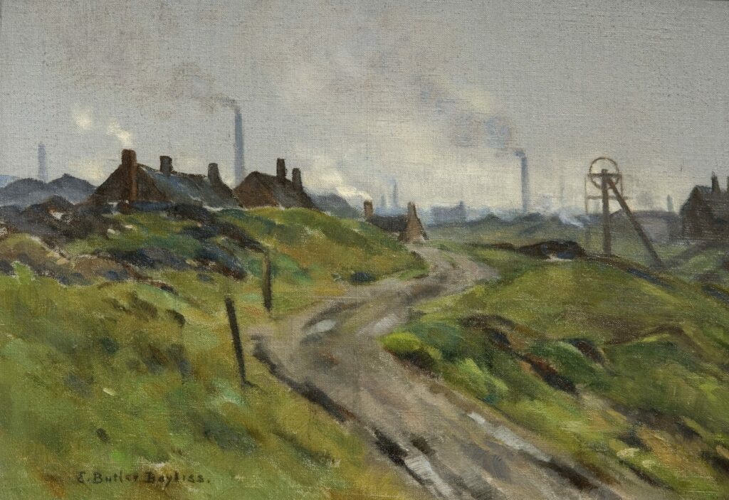 Painting of a country road with green on either side and coalstacks and smoke in the near distance. 