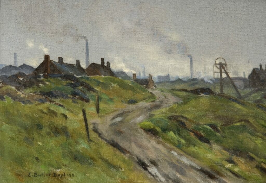 Painting of a country road with green on either side and coalstacks and smoke in the near distance.