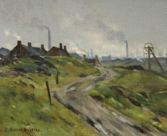 Painting of a country road with green on either side and coalstacks and smoke in the near distance.