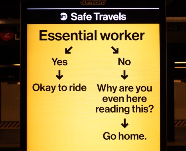 Flowchart to determine if you're an essential worker. If yes, okay to ride; if no, it asks "Why are you even here reading this?" and then says, "Go home."