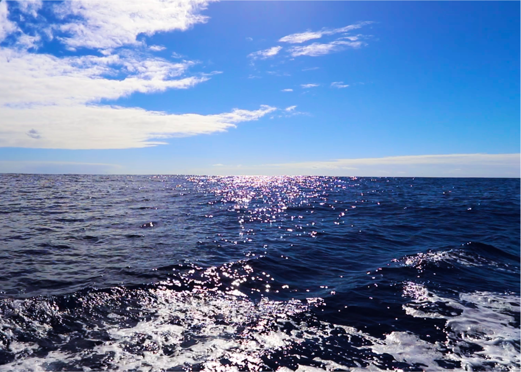 Dark blue Pacific ocean with some waves in the foreground. Bright blue sky with thin clouds.